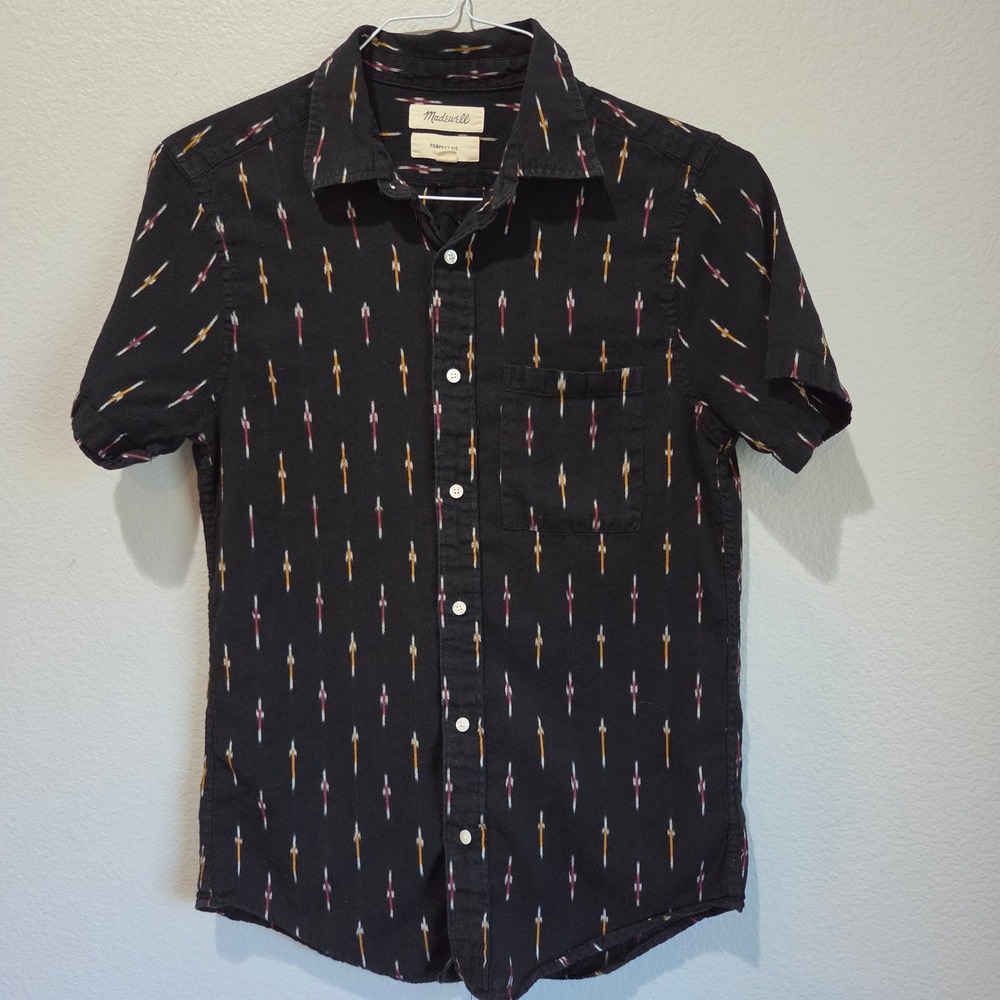 Madewell Button Down Shirt Mens Small Black Ikat Short Sleeve AN080 Excellent